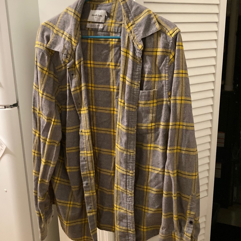 Gray and yellow plaid button down